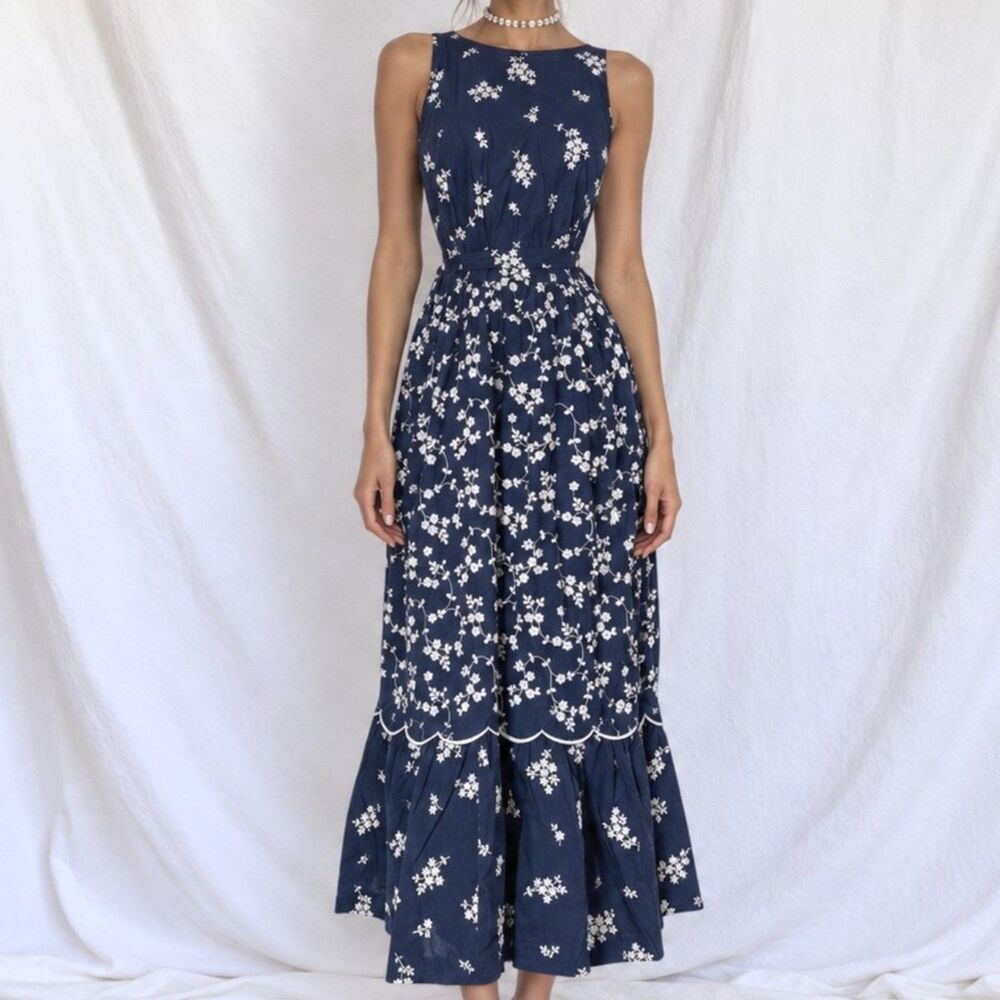 Vintage Y2K 90s Navy Blue Floral Ruffle Sleeveless Midi Summer Dress Size M/L